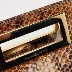 Pre Owned Michael Kors Beige Python Effect Leather Cut Out Handle Clutch