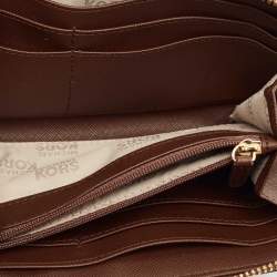 Pre Owned Michael Kors Beige/Dark Brown Signature Canvas and Leather Zip Around Wallet