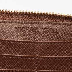 Pre Owned Michael Kors Beige/Dark Brown Signature Canvas and Leather Zip Around Wallet