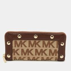 Pre Owned Michael Kors Beige/Dark Brown Signature Canvas and Leather Zip Around Wallet