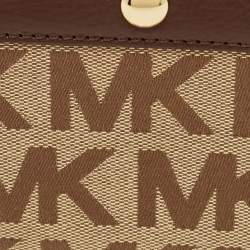 Pre Owned Michael Kors Beige/Dark Brown Signature Canvas and Leather Zip Around Wallet