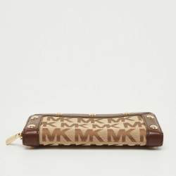Pre Owned Michael Kors Beige/Dark Brown Signature Canvas and Leather Zip Around Wallet