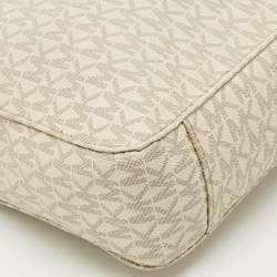 Pre Owned Michael Kors White/Tan Signature Coated Canvas Jet Set Travel Messenger Bag