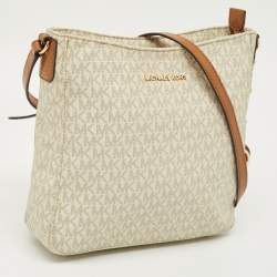 Pre Owned Michael Kors White/Tan Signature Coated Canvas Jet Set Travel Messenger Bag