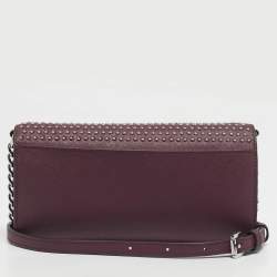 Pre Owned Michael Kors Plum Leather Studded Flap Wallet On Chain