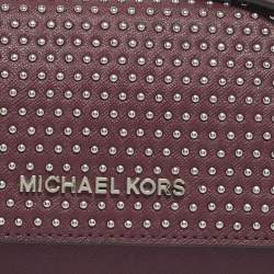 Pre Owned Michael Kors Plum Leather Studded Flap Wallet On Chain