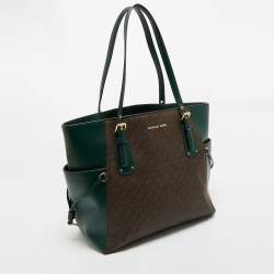 Pre Owned Michael Kors Green/Brown Signature Coated Canvas and Leather Voyager East West Tote
