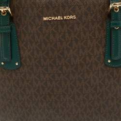 Pre Owned Michael Kors Green/Brown Signature Coated Canvas and Leather Voyager East West Tote