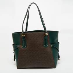 Pre Owned Michael Kors Green/Brown Signature Coated Canvas and Leather Voyager East West Tote