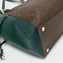 Pre Owned Michael Kors Green/Brown Signature Coated Canvas and Leather Voyager East West Tote