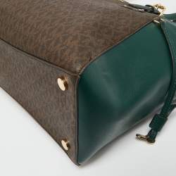 Pre Owned Michael Kors Green/Brown Signature Coated Canvas and Leather Voyager East West Tote