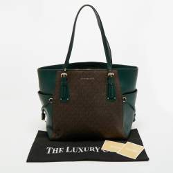Pre Owned Michael Kors Green/Brown Signature Coated Canvas and Leather Voyager East West Tote