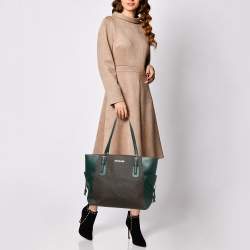 Pre Owned Michael Kors Green/Brown Signature Coated Canvas and Leather Voyager East West Tote