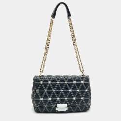 Pre Owned Michael Kors Navy Blue Quilted Leather Large Sloan Logo Studded Shoulder Bag