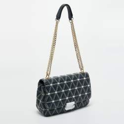 Pre Owned Michael Kors Navy Blue Quilted Leather Large Sloan Logo Studded Shoulder Bag