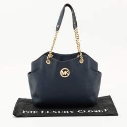 Pre Owned Michael Kors Navy Blue Leather Jet Set Travel Chain Tote