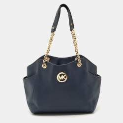 Pre Owned Michael Kors Navy Blue Leather Jet Set Travel Chain Tote