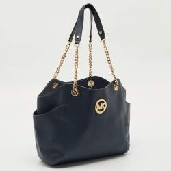 Pre Owned Michael Kors Navy Blue Leather Jet Set Travel Chain Tote