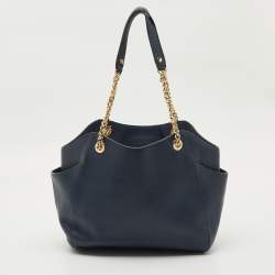 Pre Owned Michael Kors Navy Blue Leather Jet Set Travel Chain Tote