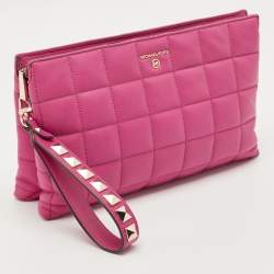 Pre Owned Michael Kors Pink Quilted Leather Wristlet Studded Clutch