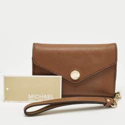 Pre Owned Michael Kors Brown Leather Phone Wristlet Compact Wallet