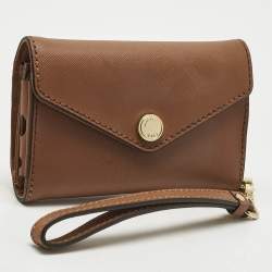 Pre Owned Michael Kors Brown Leather Phone Wristlet Compact Wallet
