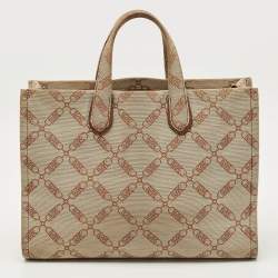 Pre Owned Michael Kors Beige/Brown Logo Jacquard Canvas Large GIgi Tote