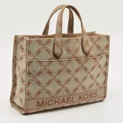 Pre Owned Michael Kors Beige/Brown Logo Jacquard Canvas Large GIgi Tote