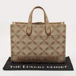 Pre Owned Michael Kors Beige/Brown Logo Jacquard Canvas Large GIgi Tote