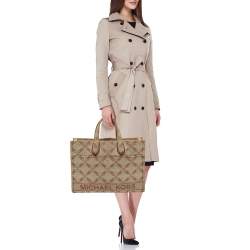 Pre Owned Michael Kors Beige/Brown Logo Jacquard Canvas Large GIgi Tote