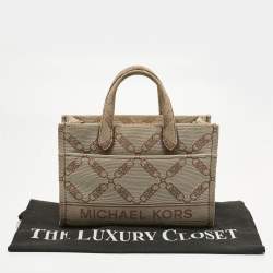 Pre Owned Michael Kors Beige Empire Logo Jacquard Canvas Small Gigi Tote