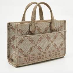 Pre Owned Michael Kors Beige Empire Logo Jacquard Canvas Small Gigi Tote