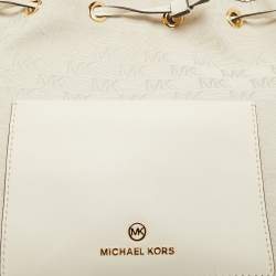 Pre Owned Michael Kors Natural Logo Jacquard Canvas Medium Maeve Bucket Bag