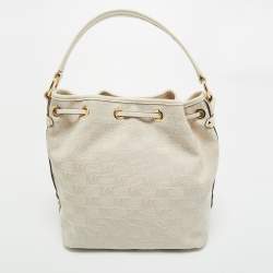 Pre Owned Michael Kors Natural Logo Jacquard Canvas Medium Maeve Bucket Bag