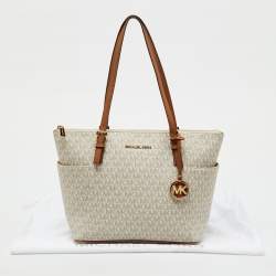 Pre Owned Michael Kors White/Brown Signature Coated Canvas and Leather Charlotte Top Zip Tote
