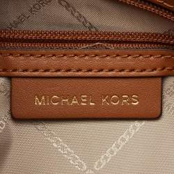 Pre Owned Michael Kors White/Brown Signature Coated Canvas and Leather Charlotte Top Zip Tote