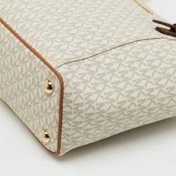 Pre Owned Michael Kors White/Brown Signature Coated Canvas and Leather Charlotte Top Zip Tote