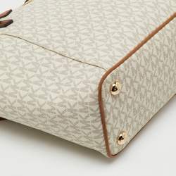 Pre Owned Michael Kors White/Brown Signature Coated Canvas and Leather Charlotte Top Zip Tote