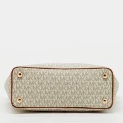 Pre Owned Michael Kors White/Brown Signature Coated Canvas and Leather Charlotte Top Zip Tote