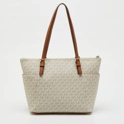 Pre Owned Michael Kors White/Brown Signature Coated Canvas and Leather Charlotte Top Zip Tote