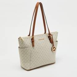 Pre Owned Michael Kors White/Brown Signature Coated Canvas and Leather Charlotte Top Zip Tote