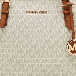 Pre Owned Michael Kors White/Brown Signature Coated Canvas and Leather Charlotte Top Zip Tote