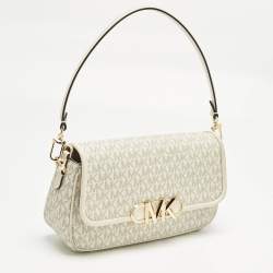 Pre Owned Michael Kors White Signature Coated Canvas and Leather Parker Medium Logo Shoulder Bag