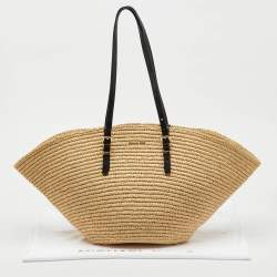 Pre Owned Michael Kors Beige/Black Raffia and Leather Fan Large Beach Tote