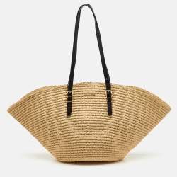 Pre Owned Michael Kors Beige/Black Raffia and Leather Fan Large Beach Tote