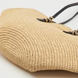 Pre Owned Michael Kors Beige/Black Raffia and Leather Fan Large Beach Tote