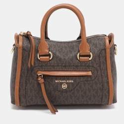 Pre Owned Michael Kors Brown Coated Canvas and Leather Extra Small Carine Satchel