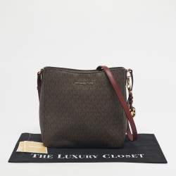 Pre Owned Michael Kors Burgundy/Brown Signature Coated Canvas and Leather Jet Set Travel Messenger Bag