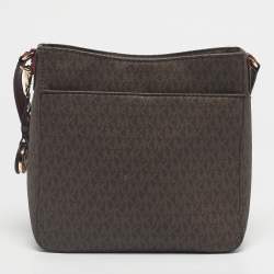Pre Owned Michael Kors Burgundy/Brown Signature Coated Canvas and Leather Jet Set Travel Messenger Bag