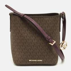 Pre Owned Michael Kors Purple/Brown Signature Coated Canvas and Leather Bucket Bag